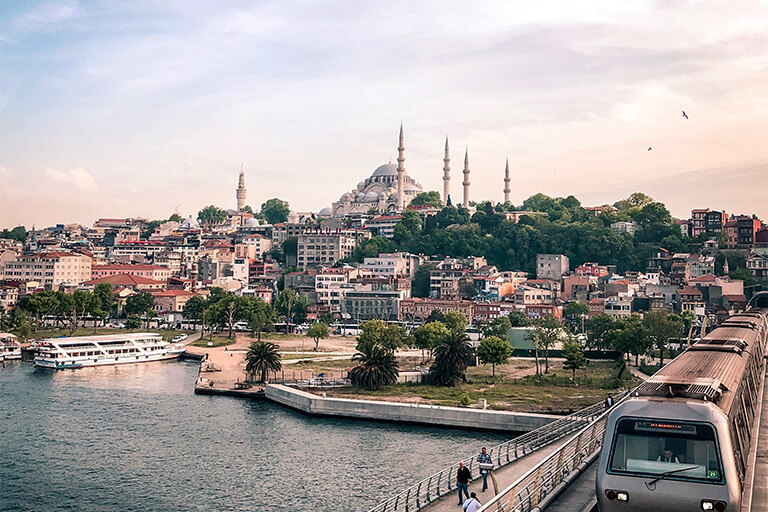 A view of Istanbul, Turkey, with the Blue Mosque in the background.