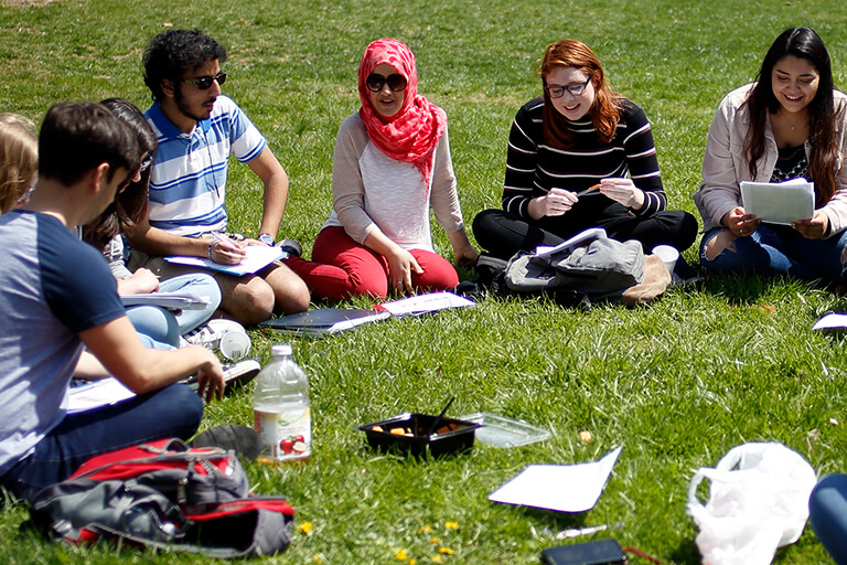 A group of students sitting on the lawn at HLS.