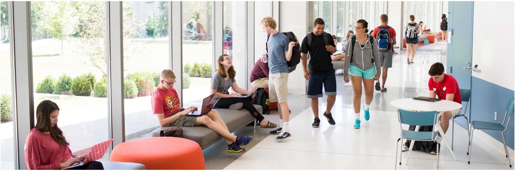 Some students are studying, walking, and talking in the hallway at HLS.
